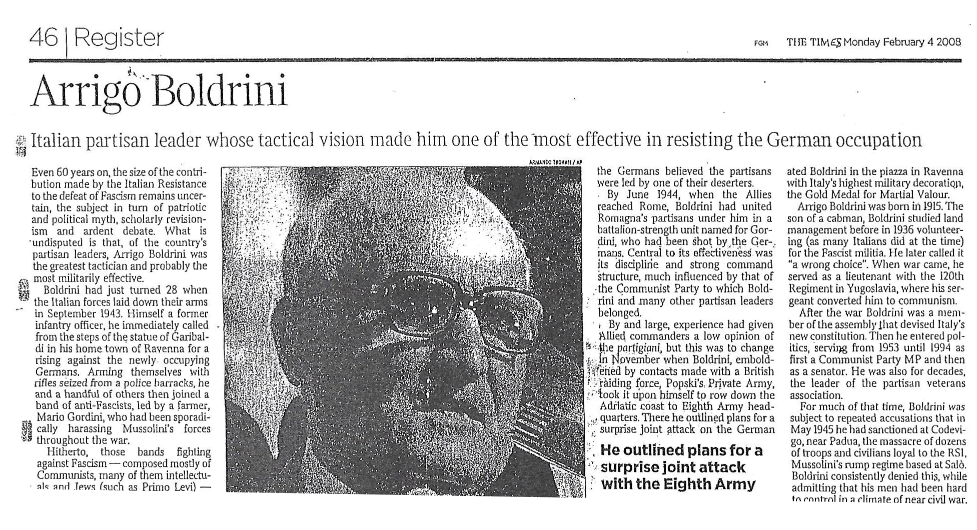 Articolo del The Times, necrologio Boldrini 2008