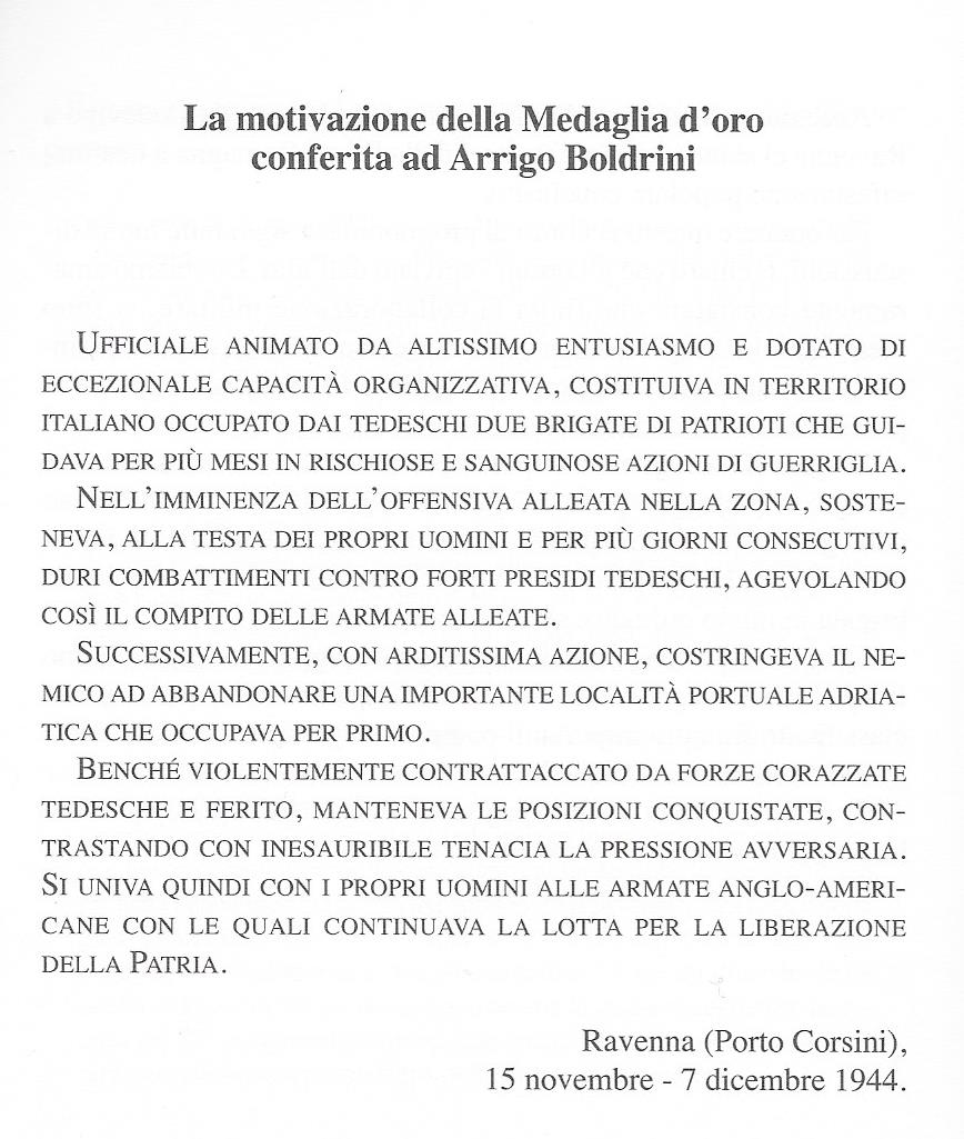 Motivazione Medaglia d'Oro a Boldrini